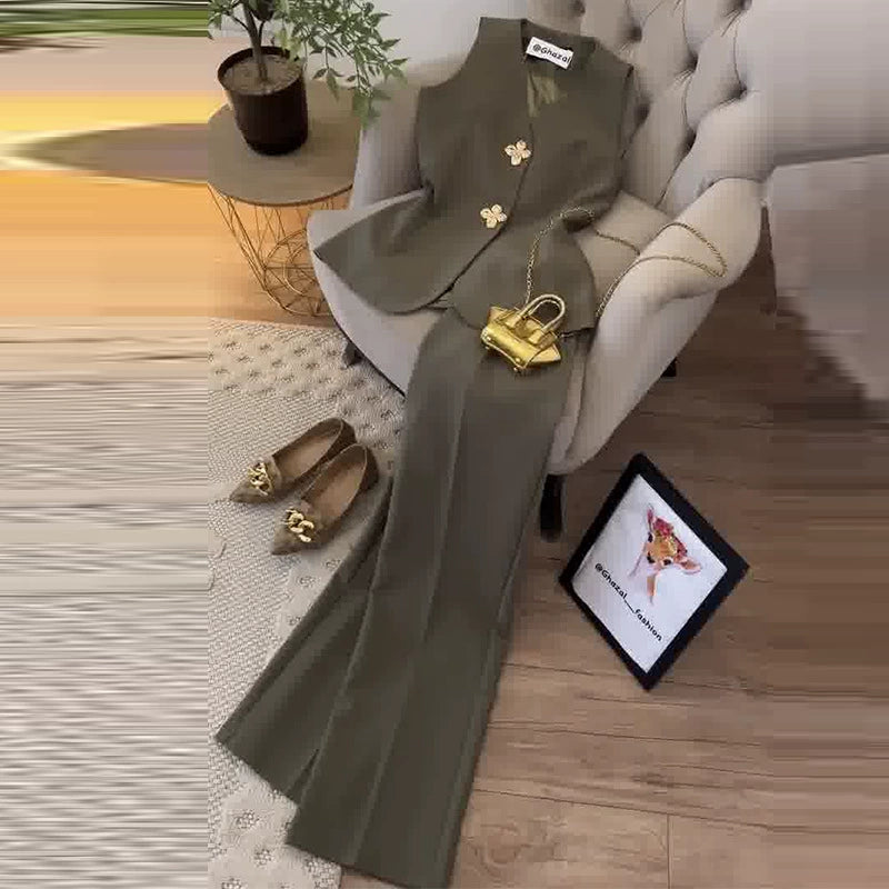 2026 New Women's Fashion European and American Amazon Cross-Border Foreign Trade Sleeveless Slimming Vest Green Wide-Leg Pants Two-Piece Set