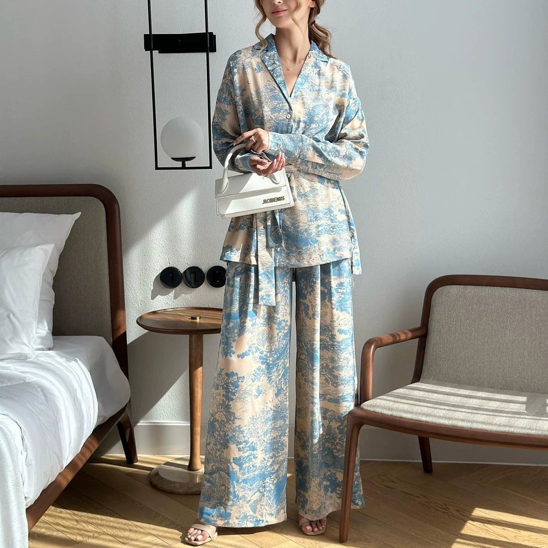 European and American Cross-border in stock 2025 Spring and Summer New Fashion French Printed Long-sleeved Lace-up Shirt High Waist Wide-leg Pants for Women