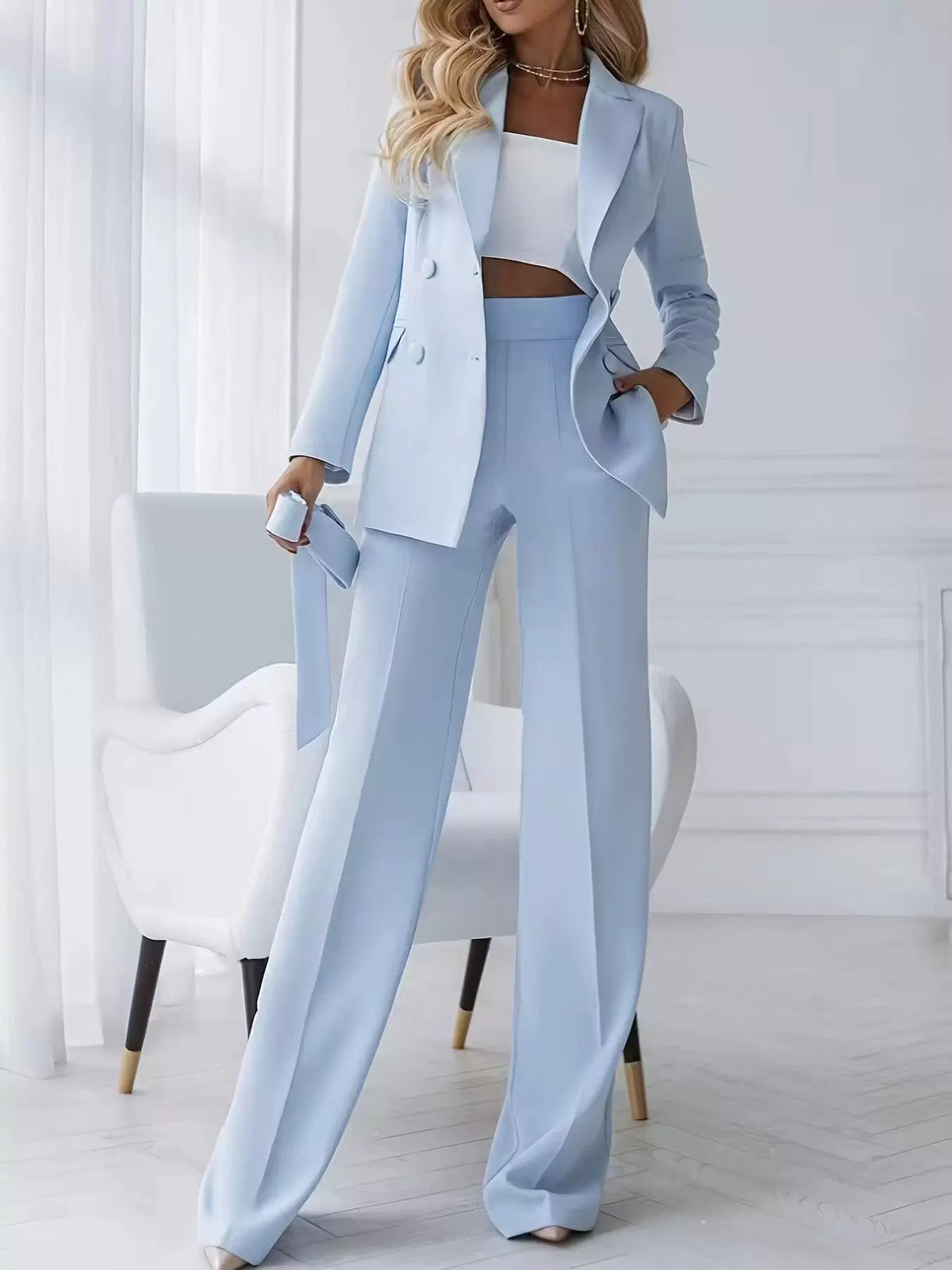 European and American New Style High-End Professional Suit Set with Double-Breasted Lapel, High-Waisted Drapey Wide-Leg Pants, and Elegant Two-Piece Set