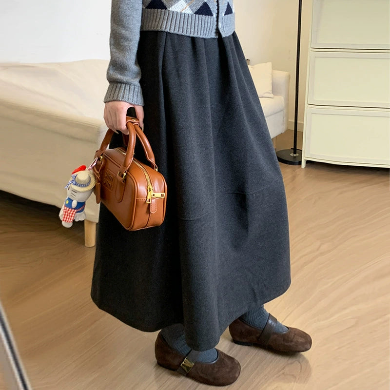 Black Woolen Skirt for Women, Winter 2025 New Style, High-Waisted A-Line, Super Stylish Winter Skirt, Mid-Length Floral Umbrella Skirt