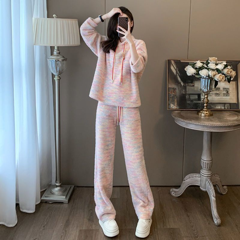 Spring and Autumn Lazy Style Casual Sports suit Rainbow Loose Hooded Sweat High Waist Wide Leg Pants Two-piece Women's Clothing
