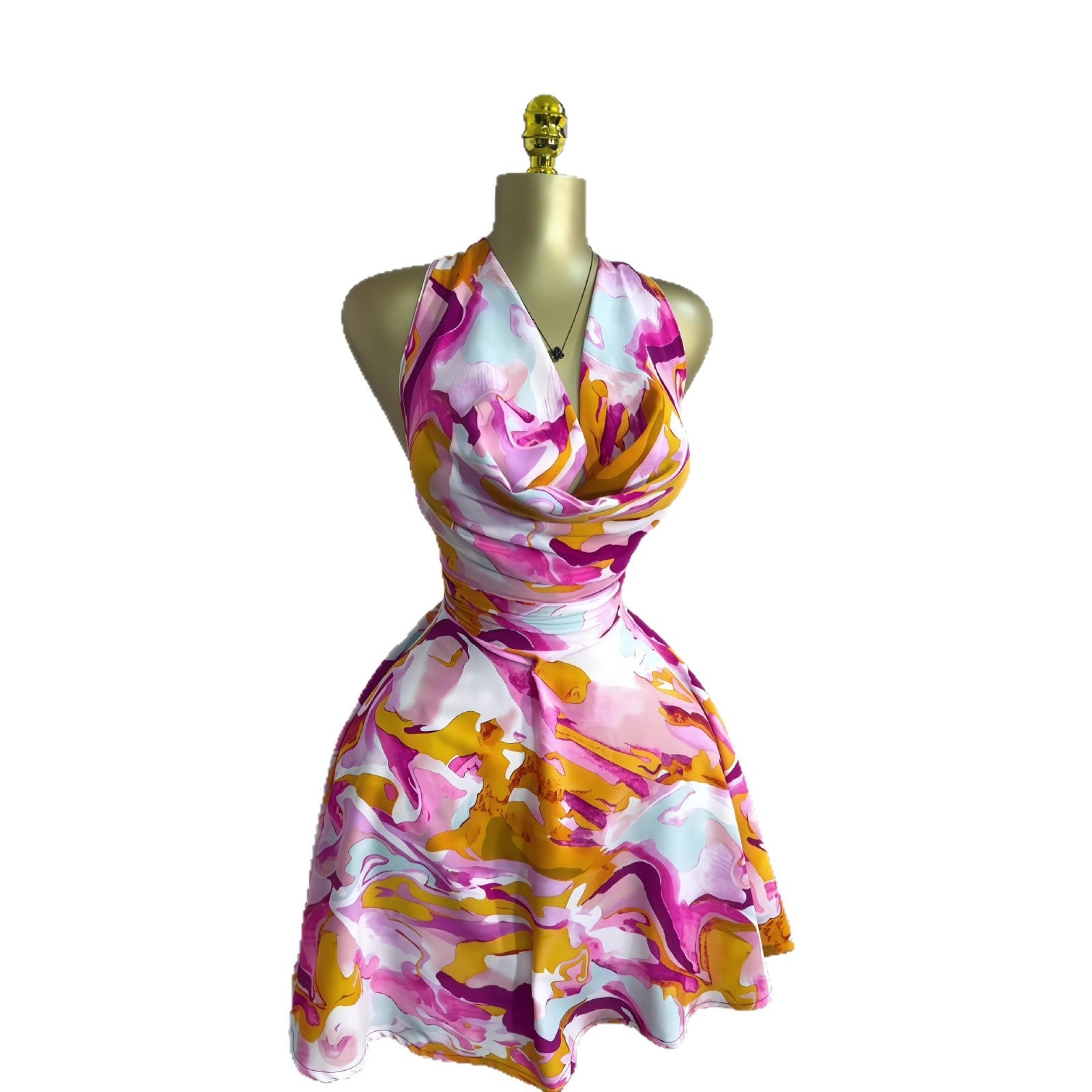 European and American Cross-Border Women's Clothing 2025 New Autum Sleeveless Swing Collar Waist Strap Elegant Printed Short Dress