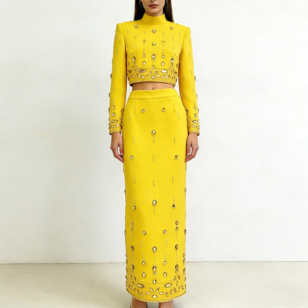 High Street Fashion 2026 Early Spring New Style High-End Heavy-Duty Beaded and Rhinestone-Embellished Short Top and Long Skirt Two-Piece Set
