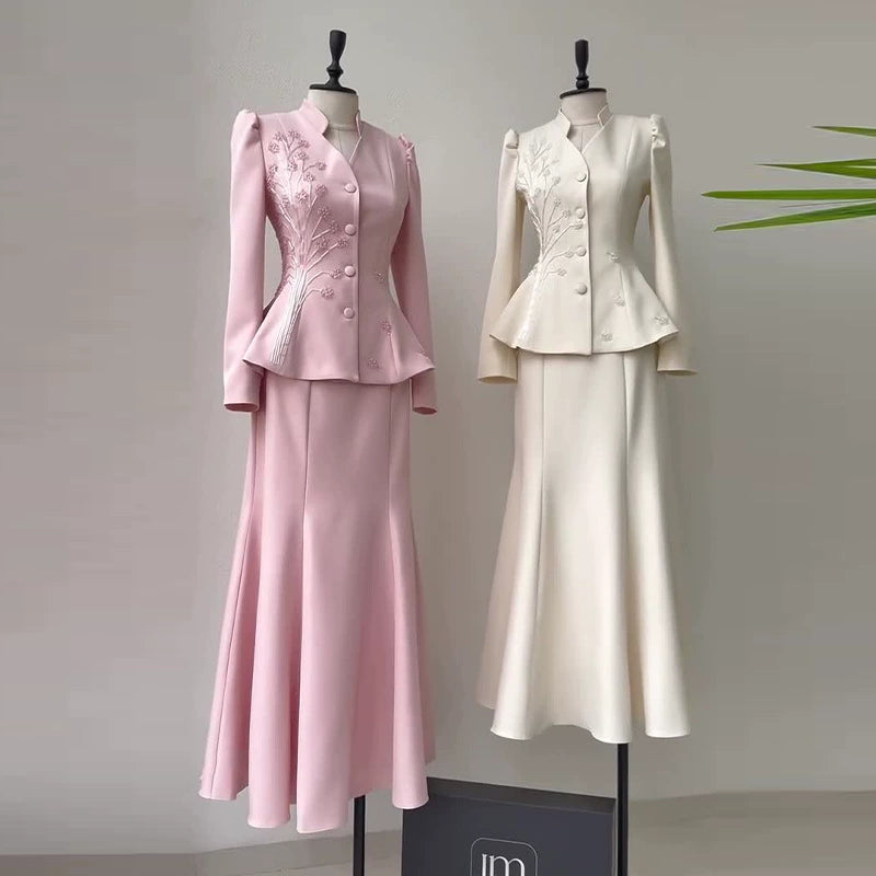 2026 New Foreign Trade European and American Amazon Cross-Border Women's Clothing Spring Waist-Cinching Embroidered Elegant Temperament Bodycon Skirt Set