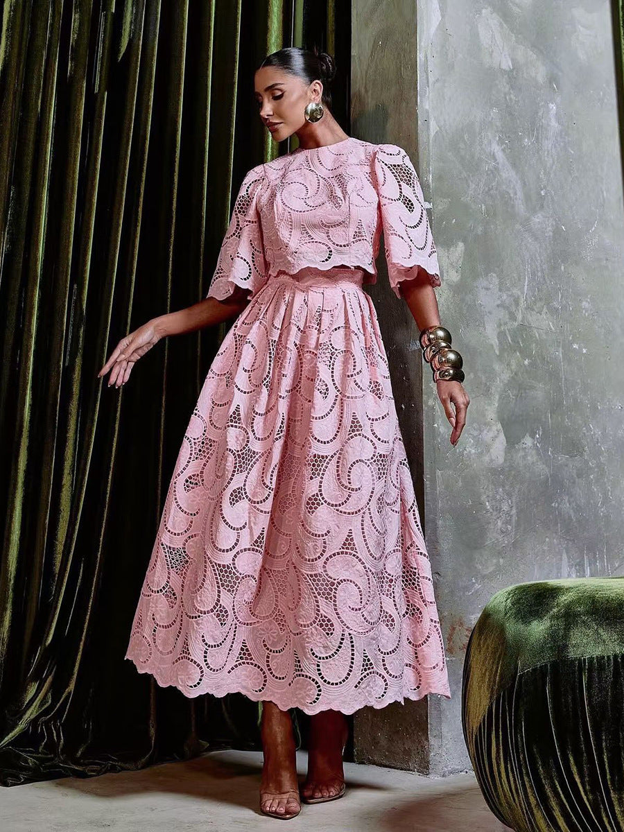 French Palace-Style Floral Hollow-Out Two-Piece Set 2026 New Model Round-Neck Short-Sleeve Top + High-Waisted Skirt