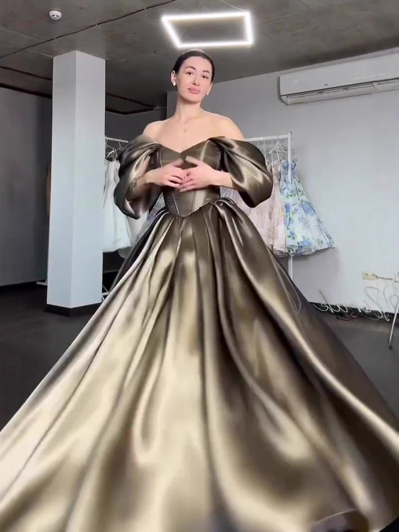 Amazon European and American Cross-Border 2025 Winter New Luxurious Princess-Style Short-Sleeved Long Dress Gown for Women