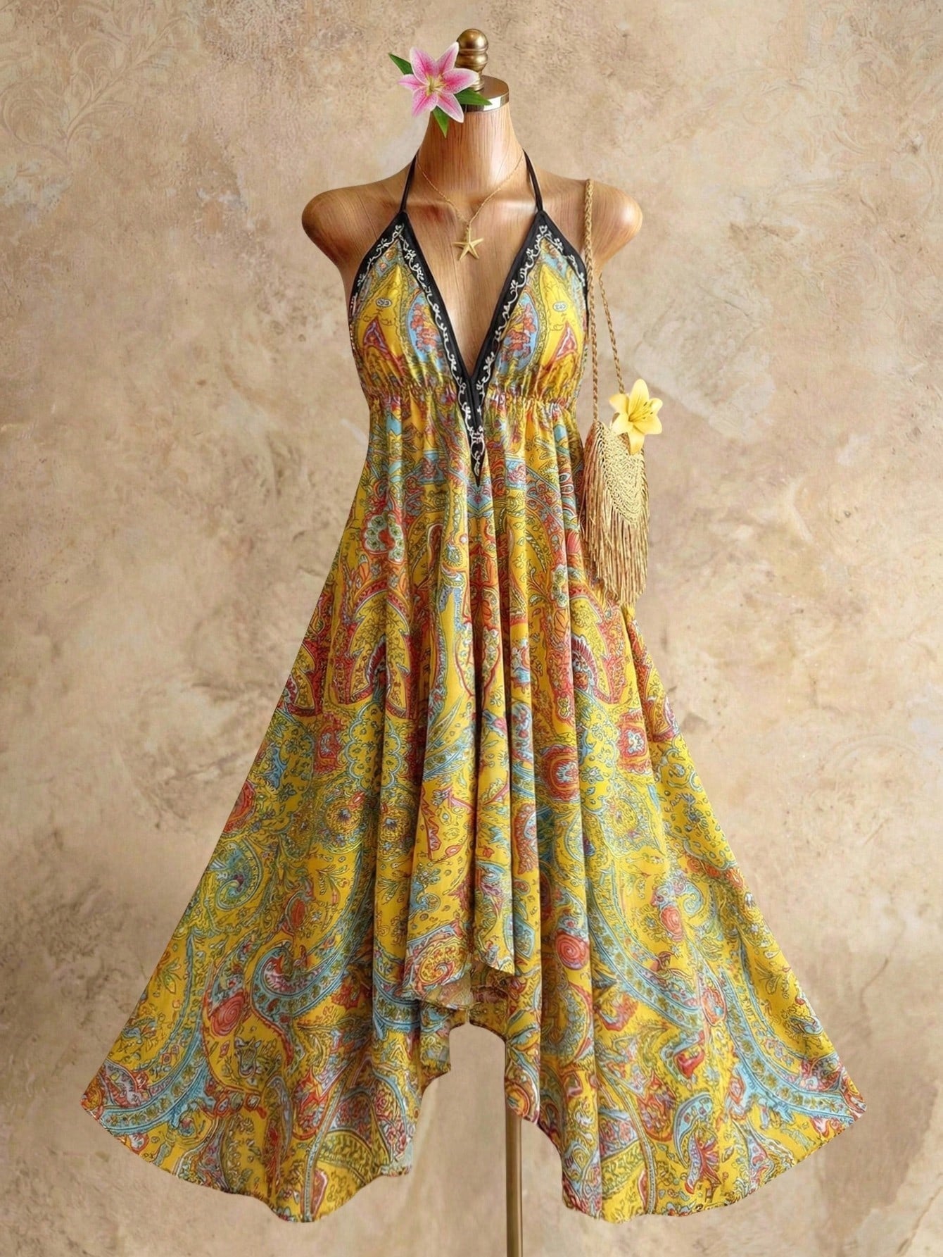 Retro Bohemian Style Suspender Deep V-Neck Long Dress High-Waisted Printed Summer Seaside Backless Dress Sexy