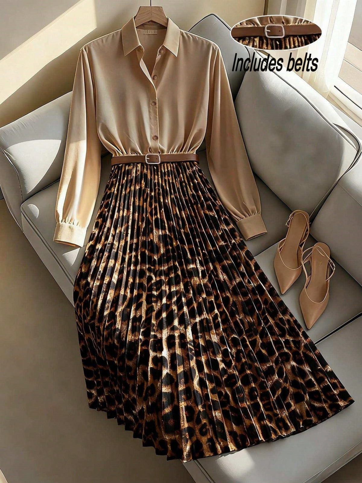 In-Stock 2026 New Cross-Border Dropshipping Women's Elegant Leopard Print Patchwork Pleated Skirt H Version Waist-Slimming Dress
