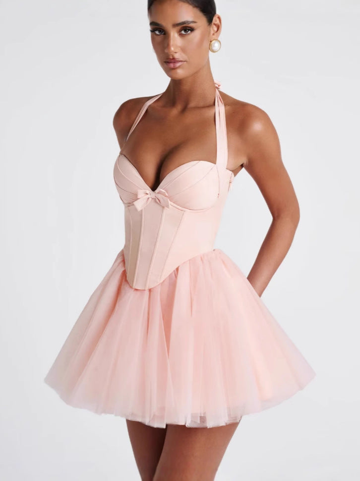 Sweet Fishbone Halterneck Lace-Up Dress for Women 2023 Summer New Style Personalized Lace Splicing Waist Tutu Skirt