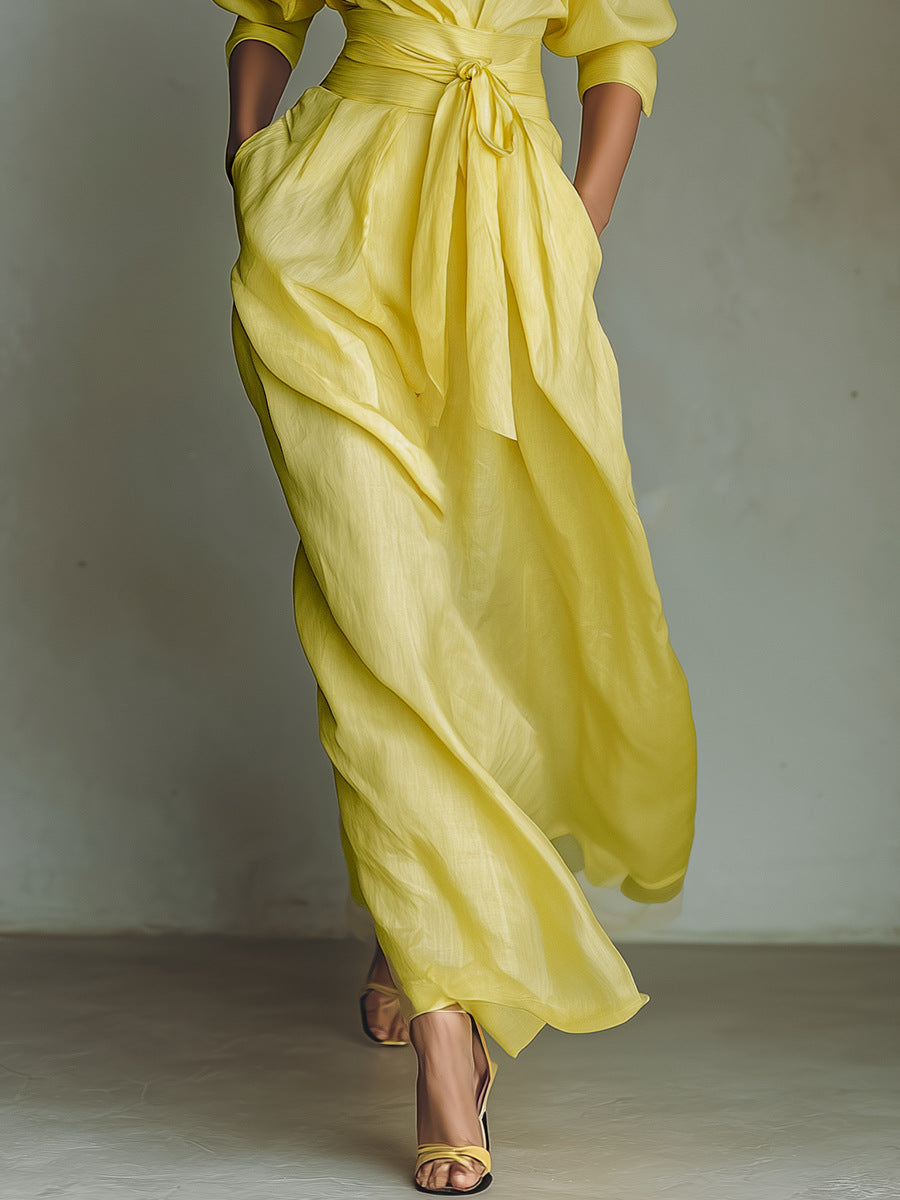 Enchanted 2026 Yellow V-Neck Tie-Waist Maxi Dress - Vacation Elegance
