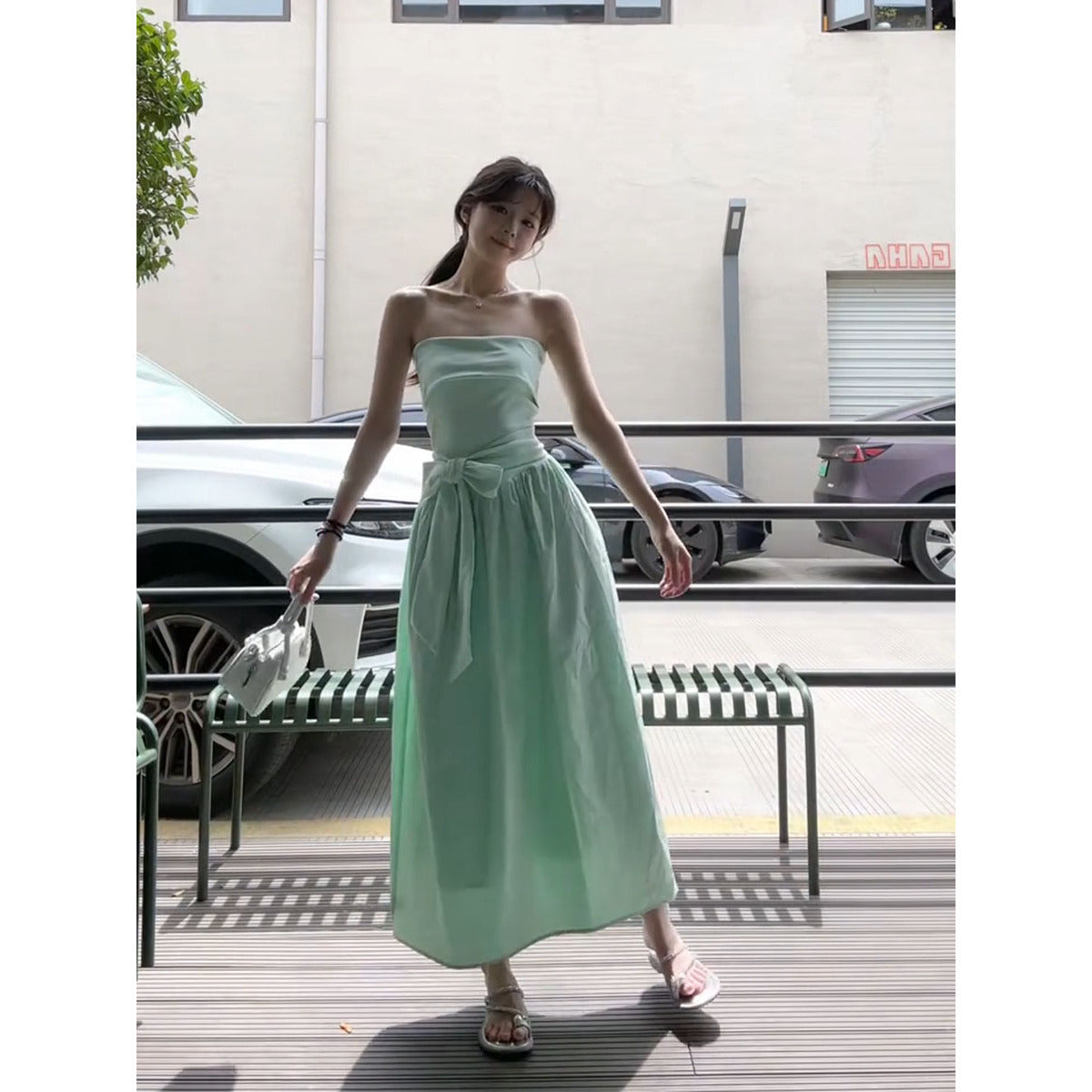 Design Sense dress 2025 Summer New French Style Elegant Bow Waist Pleated Mid-length Strapless Skirt