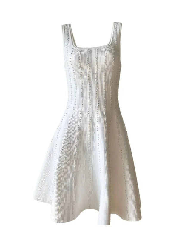 2026 Summer New Style French Women's Fashion Pearl Vertical Texture Waist-Cinching A-Line Skirt Strap Dress
