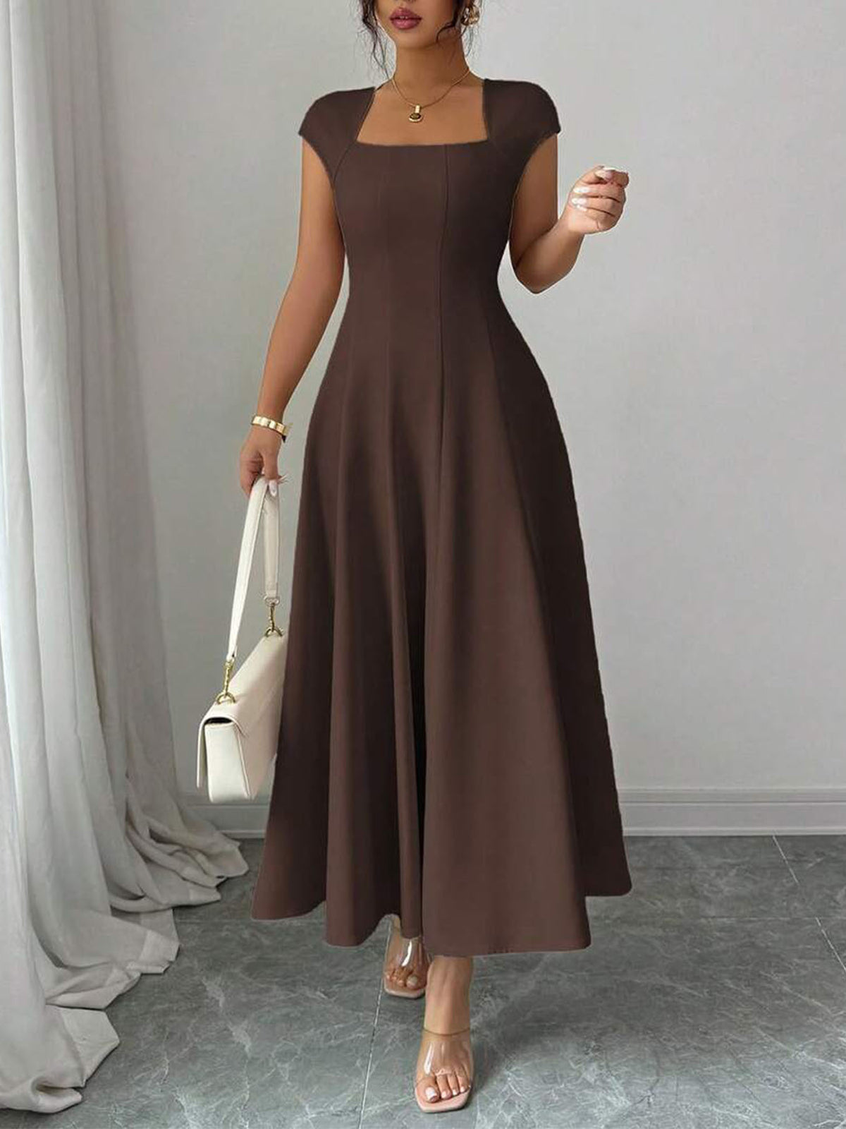 Elegant Square Neck Short-Sleeve Long Dress