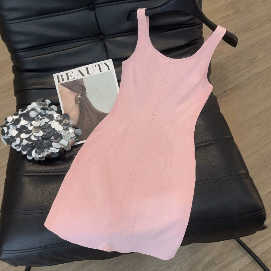 2026 European and American New Style Satin Square Neck Strap Short Dress with Handmade Pearl Bow Decoration Slim Fit Bodycon Dress