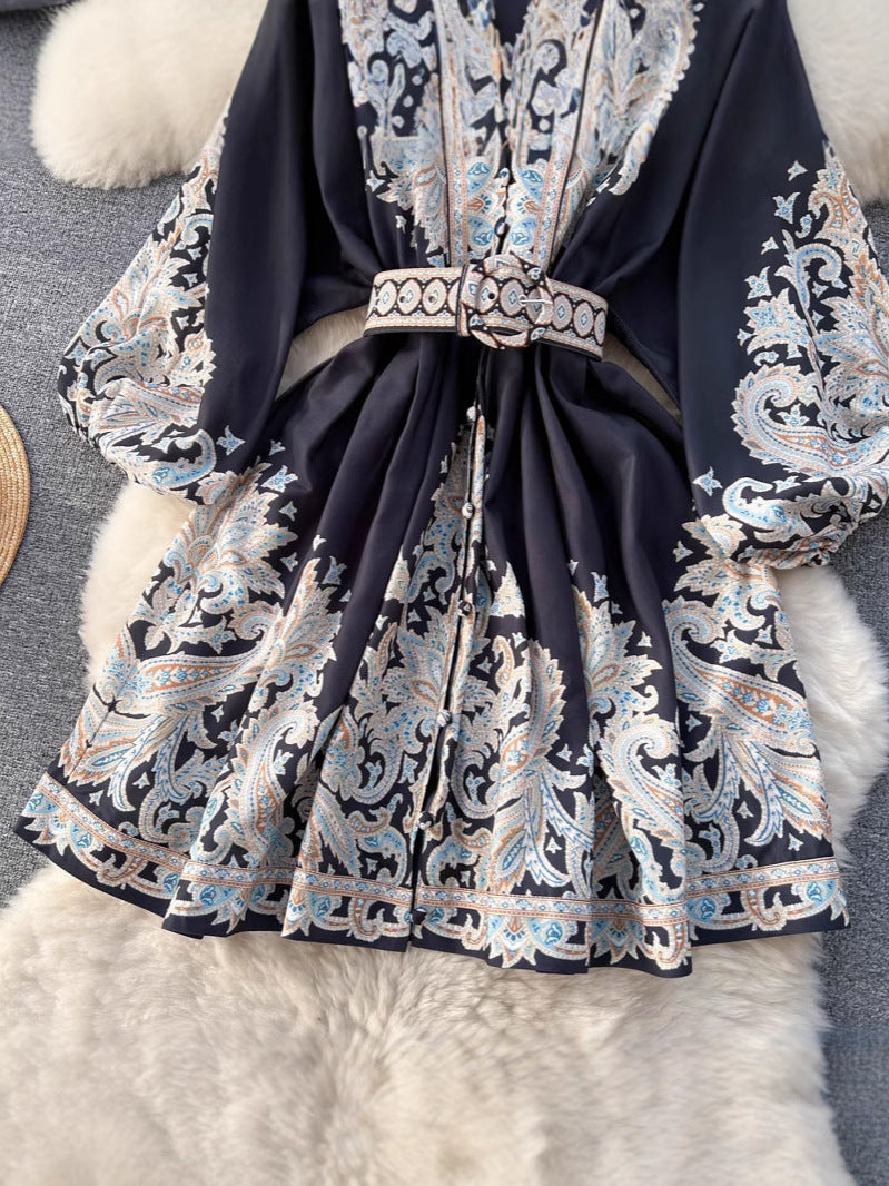 Disney-Inspired French Retro Floral V-Neck Lantern Sleeve Midi Dress