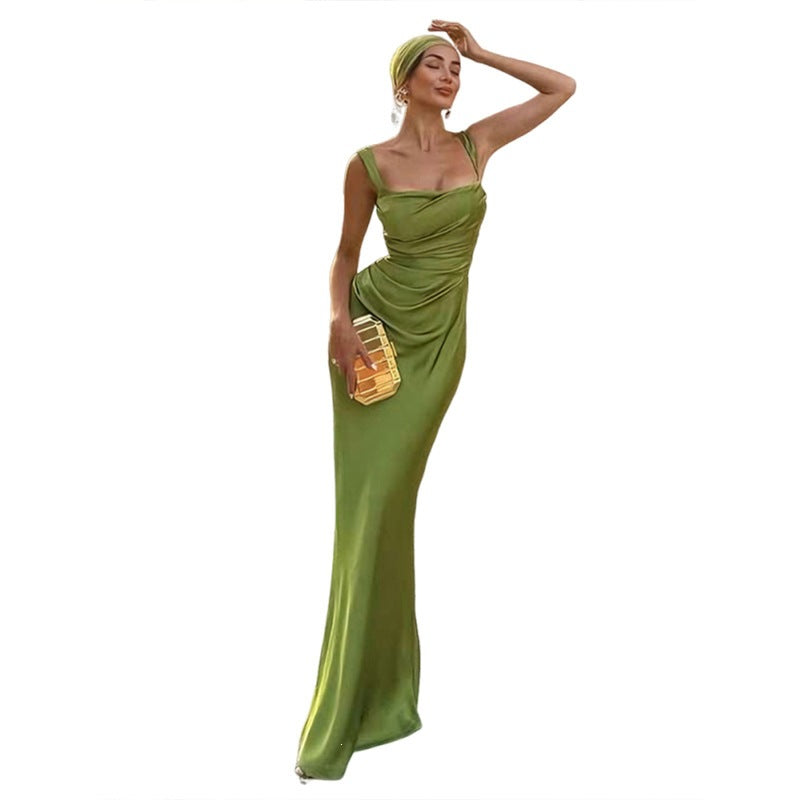 European and American Style 2026 Spring New Women's Fashion High-End Elegant Square-Neck Slim-Fit Solid Color Backless Ruched Dress