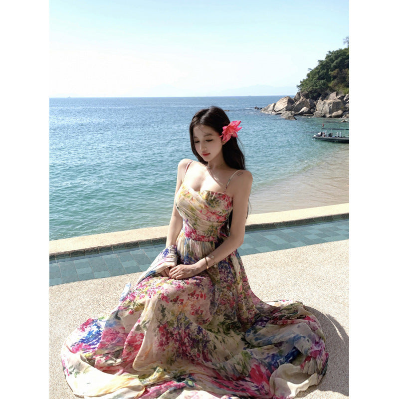 Xin Da Ke "Loving Summer" Floral Print Draped Strapless Dress with a Large Hem, Waist-Cinching Elegant Slim-Fit Long Dress