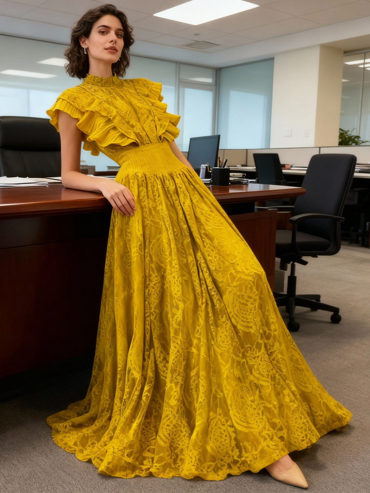 Free Shipping Spring and Autumn Lace Crewneck Dress Long-Sleeved Fashionable Slim-Fit Slimming Elegant Ruffled Long Dress