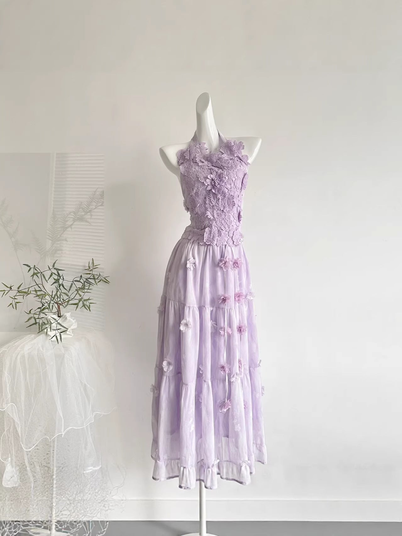 "Xinxing" Summer Slightly Tipsy Rosemary Purple Gradient Three-Dimensional Floral Lace Halter Top and Skirt Two-Piece Set