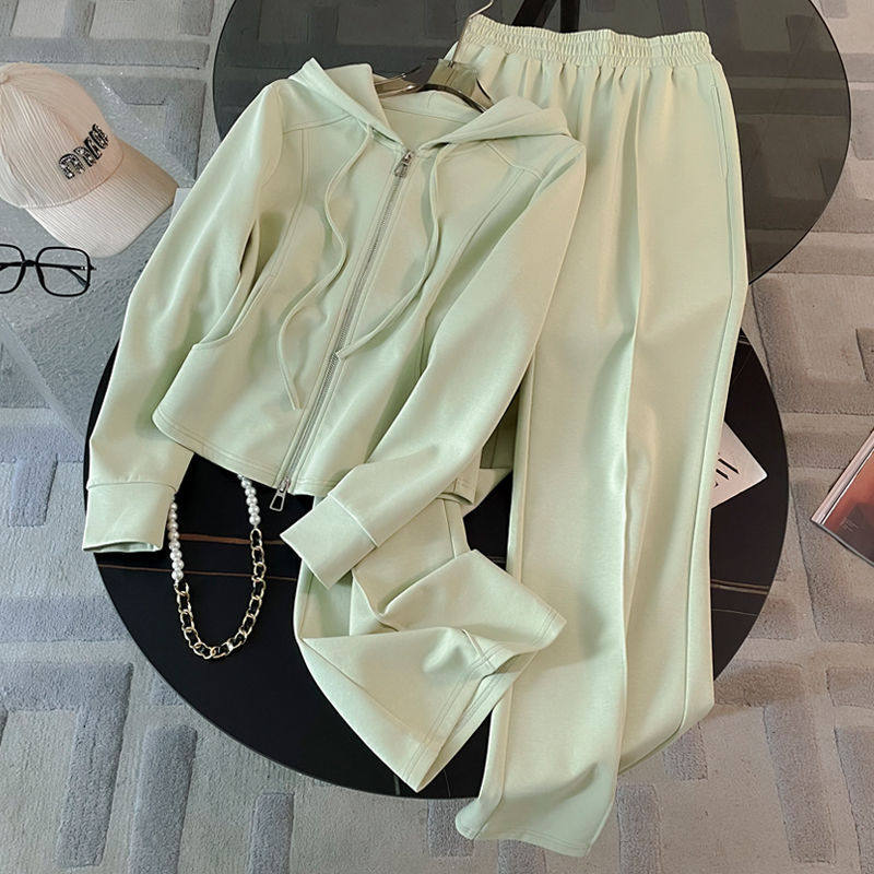 Elegant Casual Sports Suit for Women, Spring and Autumn Thin Style, Slim-Fit Long-Sleeve Hooded Sweatshirt, Wide-Leg Pants, Two-Piece Running Set