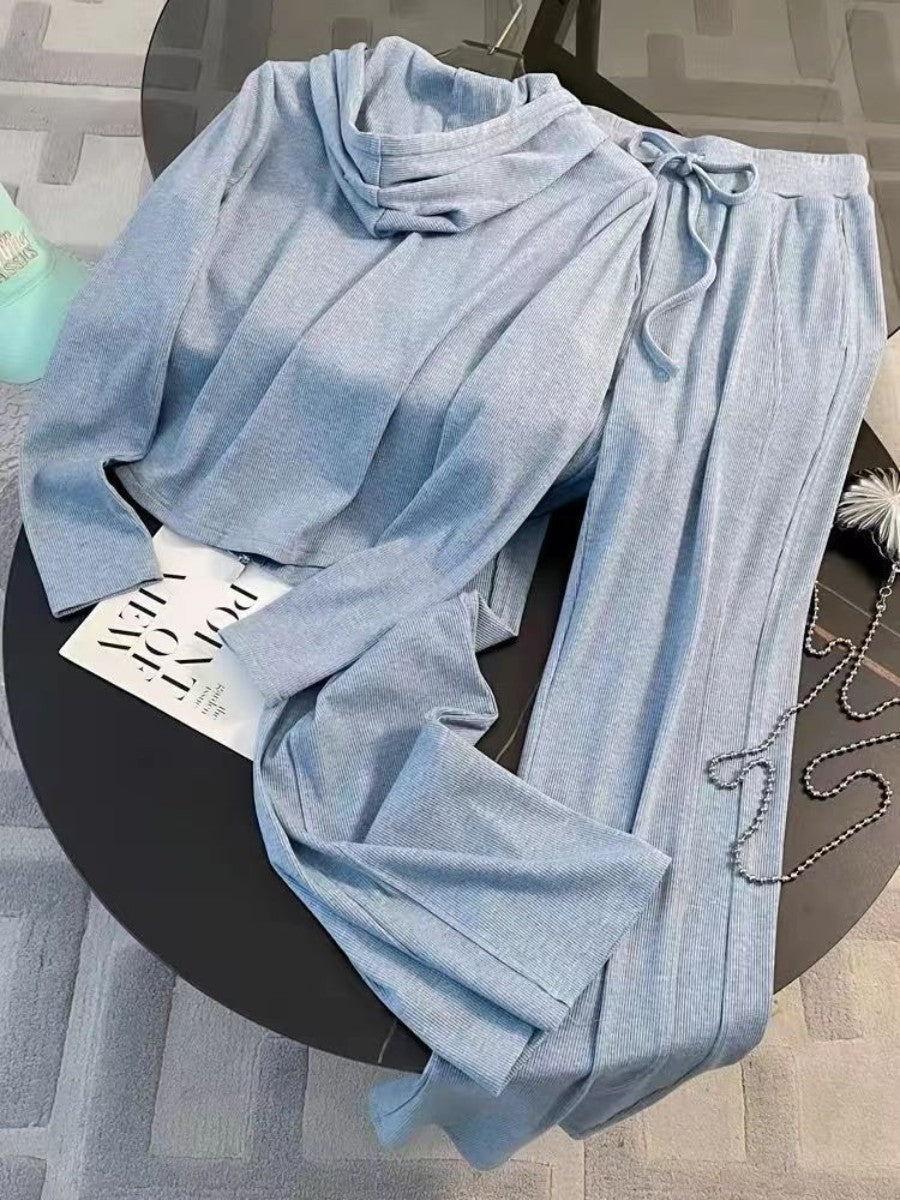 Cross-Border Salt Style Casual Sports Suit for Women, Spring Style, Age-Reducing and Slimming Hooded Sweatshirt, Wide-Leg Pants Two-Piece Set