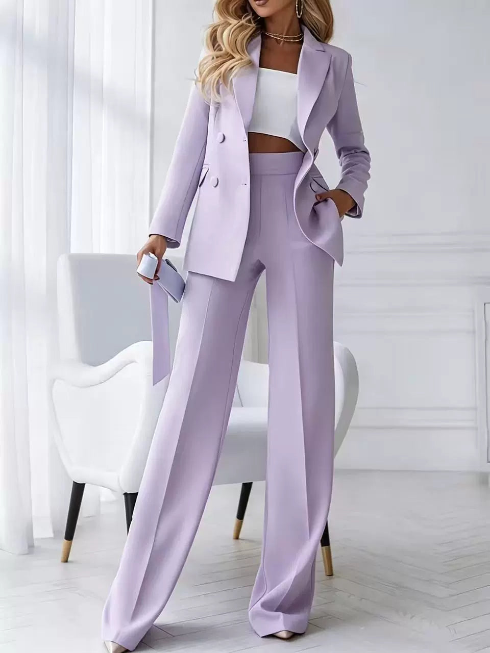 European and American New Style High-End Professional Suit Set with Double-Breasted Lapel, High-Waisted Drapey Wide-Leg Pants, and Elegant Two-Piece Set