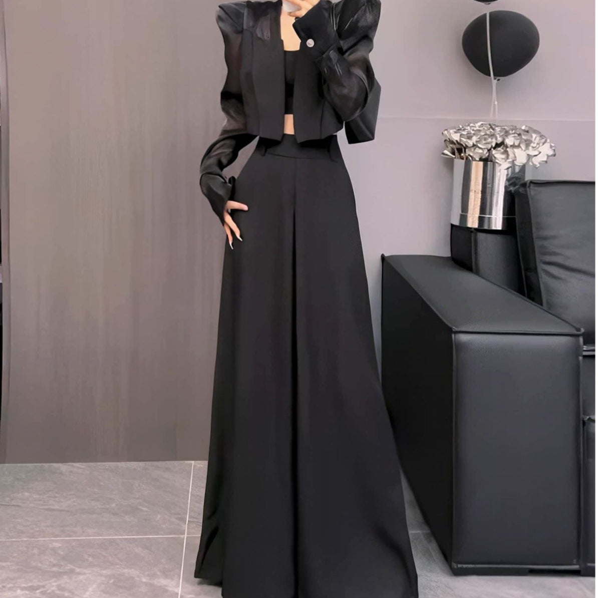 New Style Long-Sleeved Sun Protection Short Jacket for Women, Spring Fashion New High-Waisted Slimming Wide-Leg Pants and Skirt Two-Piece Set