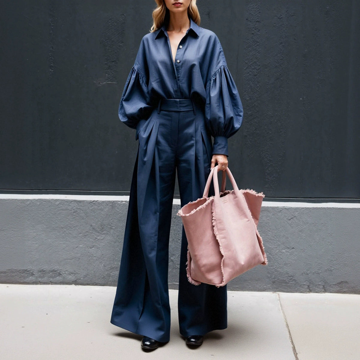 Fd2205 In-Stock 2025 Autumn New Cross-Border Solid Color Long Sleeve Shirt Wide-Leg Pants Fashion Cotton Linen Two-Piece Set