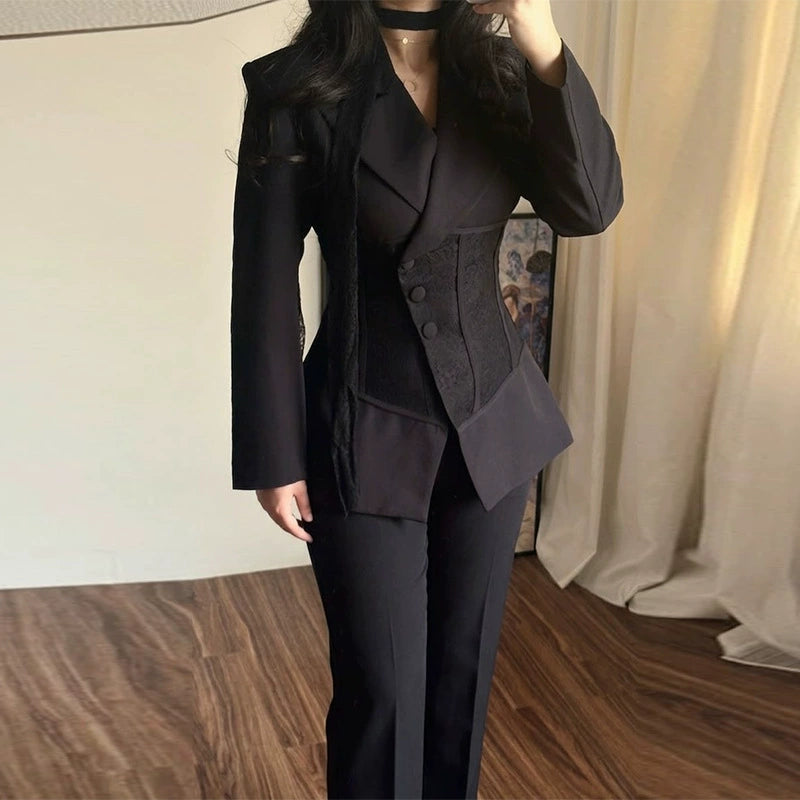 2026 Autumn Fashion European and American New Style Amazon Foreign Trade Cross-Border Women's Lace Patchwork Straight-Leg Pants Suit Set