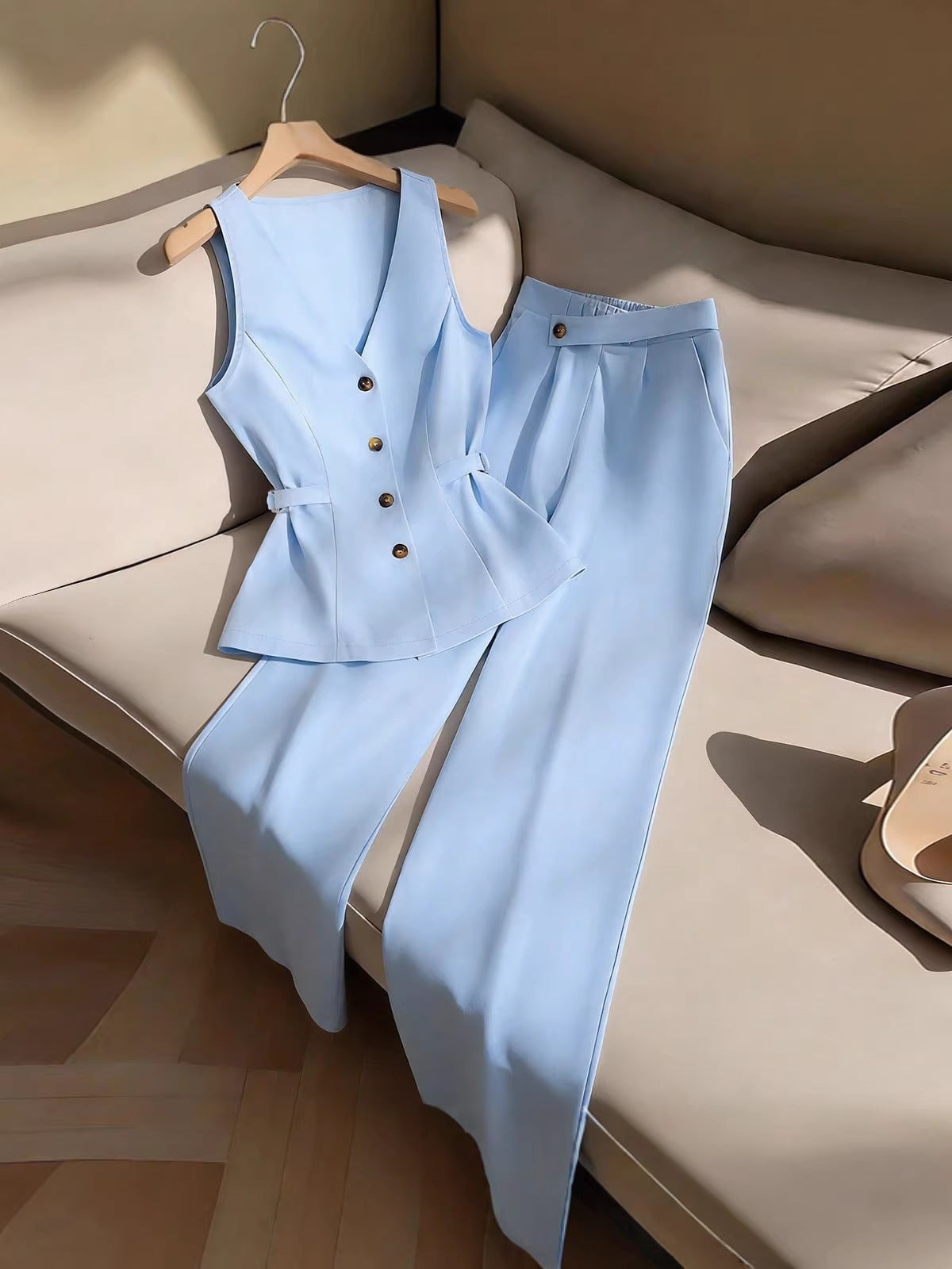 In-Stock Cross-Border Women's Clothing New European and American Fashion Commuter Suit Sleeveless Waist-Cinching Vest and Suit Pants Two-Piece Set for Women