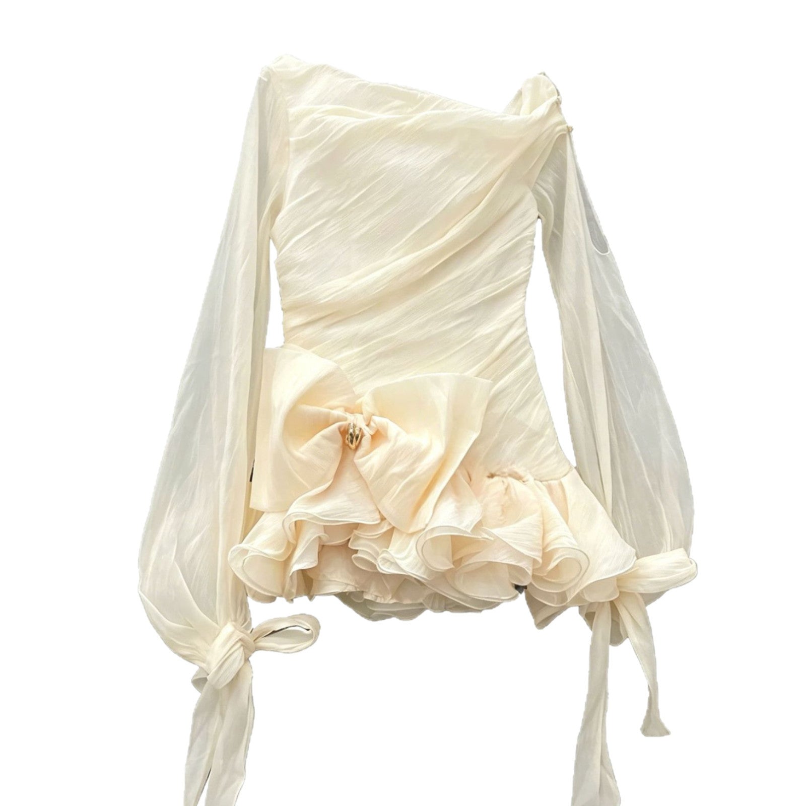 法式名媛泡泡纱连衣裙夏季新款设计感斜肩蝴蝶结荷叶边蓬蓬短裙