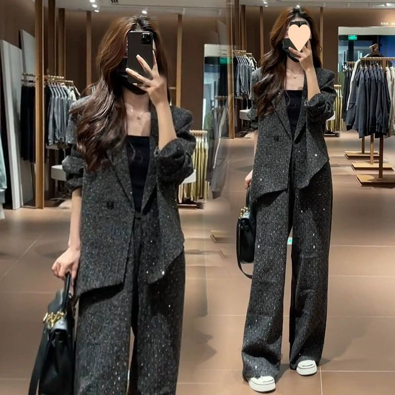 Fashionable Women's Autumn New Style Chanel-Inspired Slim-Fit Blazer and Wide-Leg Pants Two-Piece Set in Black