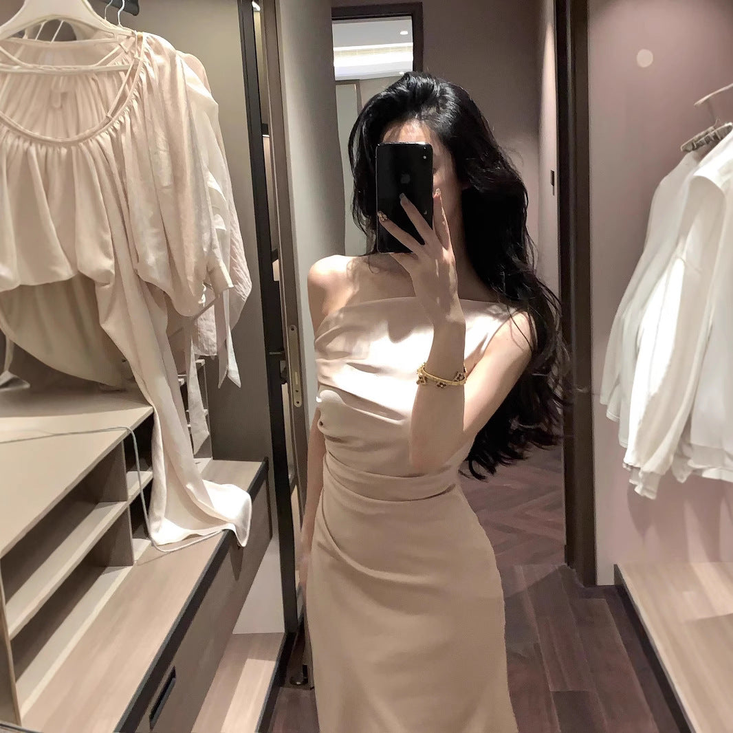 French-Style Elegant Satin Dress 2026 New Summer High-End Off-Shoulder Draped Collar Gown Mermaid Dress for Women