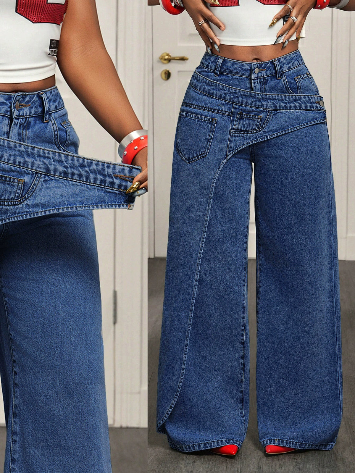 X-Spot Goods-66537 # Amazon Cross-Border European and American Versatile Casual Irregular Women's Wide-Leg Jeans Long Pants