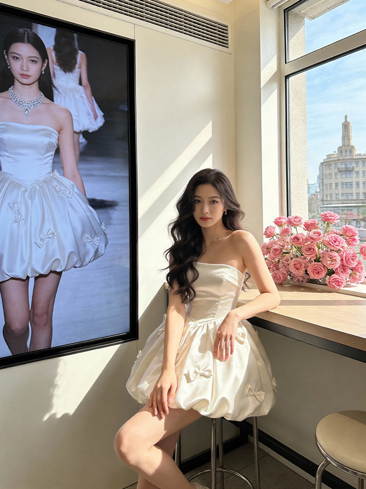 French-Style Princess-Style Strapless Waist-Cinching Slimming Puffy Dress Engagement Party Dress White Dress for Marriage Registration