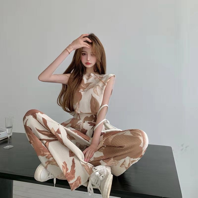 Thailand Wholesale Summer Suit Women's Design Sense Tie Dye Printed Sleeveless Vest + Casual Mopping Wide Leg Two-Piece Set