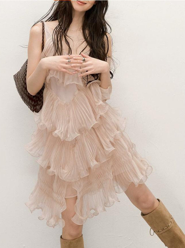 Song Weiyun-1 Roman Pinecone Pink-Toned Light Luxury Design Heavy-Duty Pleated Irregular Dress