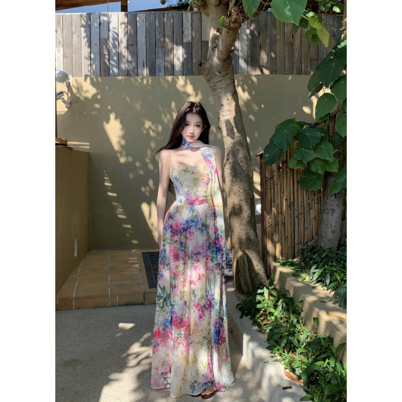 Xin Da Ke "Loving Summer" Floral Print Draped Strapless Dress with a Large Hem, Waist-Cinching Elegant Slim-Fit Long Dress