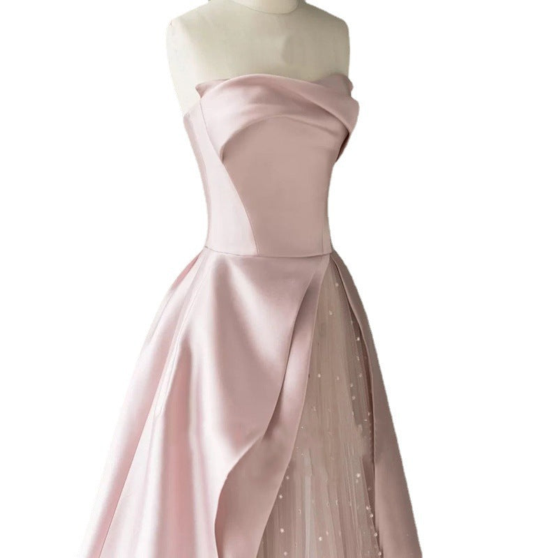 Pink Strapless Evening Dress 2026 Spring and Autumn New Style Engagement Party Toast Dress Birthday Party Host Evening Dress