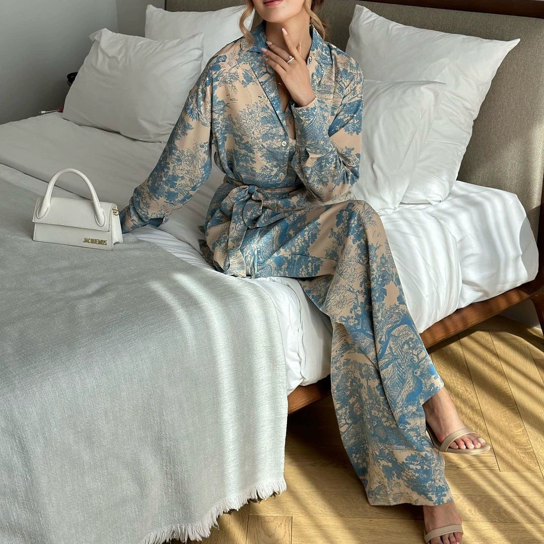 European and American Cross-border in stock 2025 Spring and Summer New Fashion French Printed Long-sleeved Lace-up Shirt High Waist Wide-leg Pants for Women