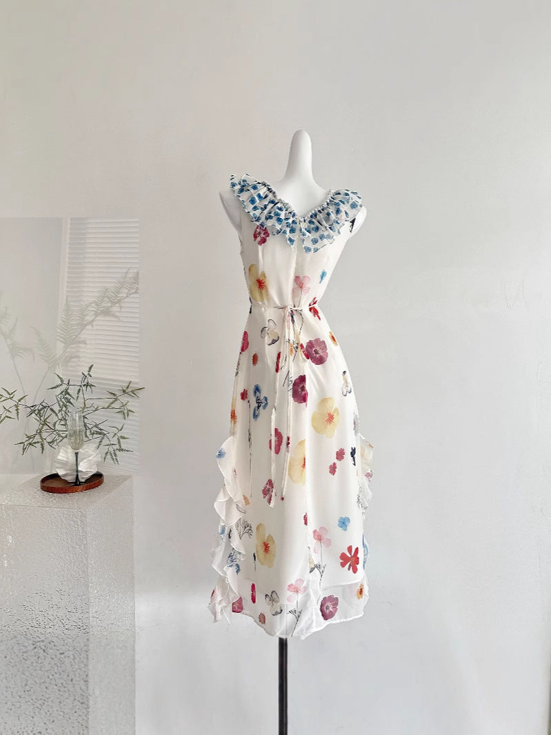『Xin Xing』A Sweet Peach Yikett Garden Print Dress for Women, a Beautiful Dopamine Mini Dress for Summer