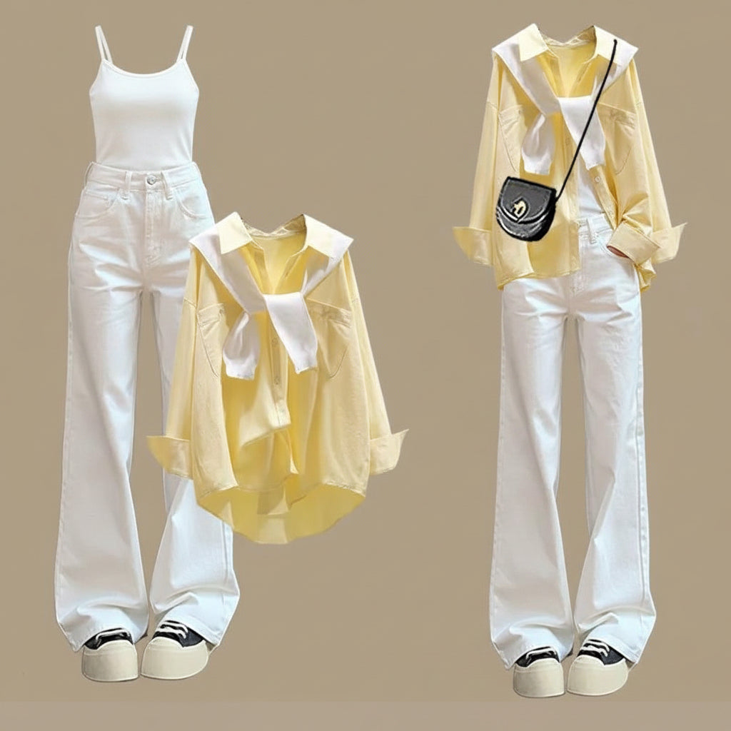plus size women's autumn suit women's 2024 new fashion age-reducing shirt shawl waist jeans three-piece set
