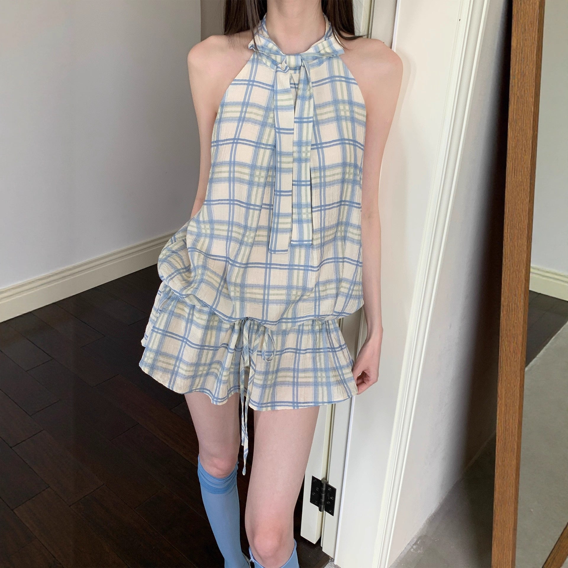 French-Style High-End Plaid Halter Neck Dress for Women, Sleeveless Summer Hot Girl Style, 2025 New French-Style Tank Dress