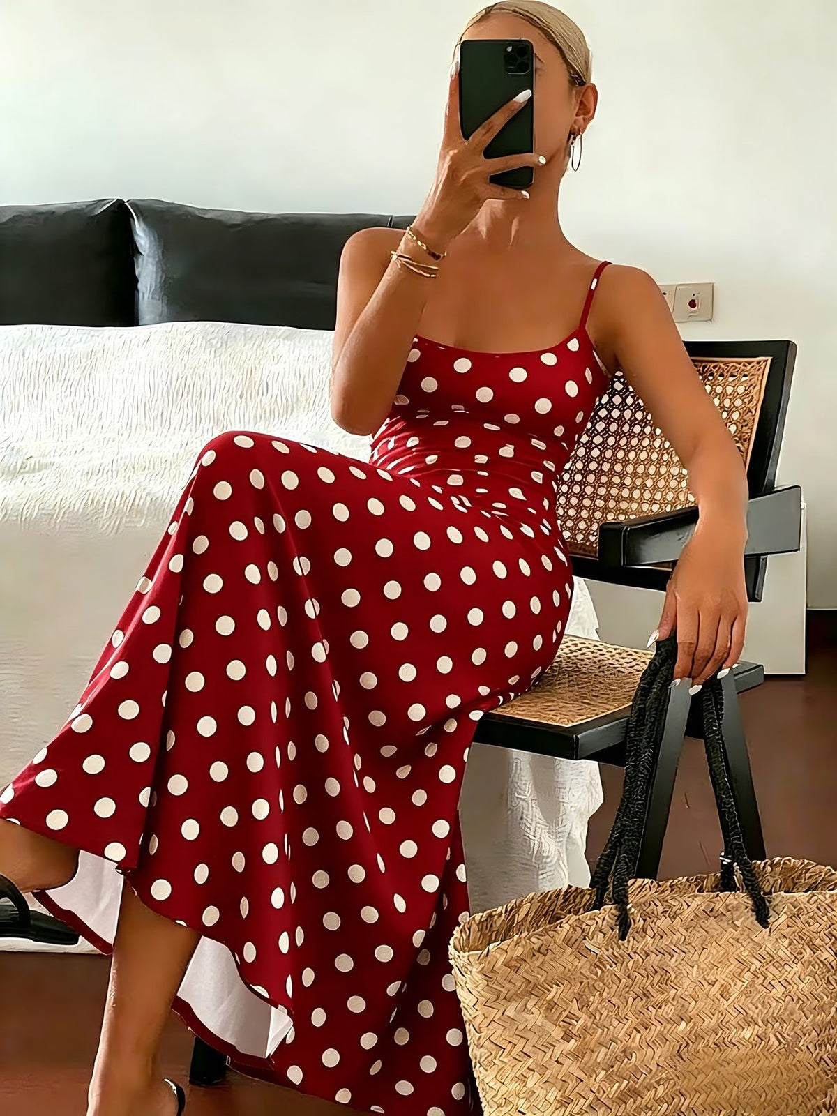 Cross-Border Amazon European and American Women's Clothing Spring and Summer New Arrivals Elegant and Stylish Polka Dot Print Slim-Fit Dress
