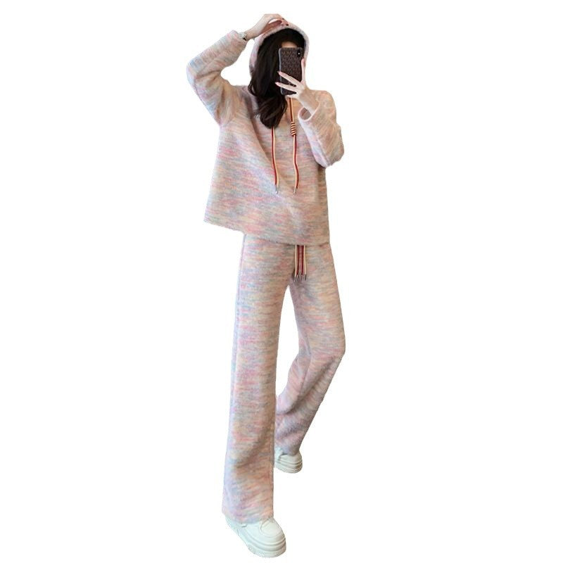Spring and Autumn Lazy Style Casual Sports suit Rainbow Loose Hooded Sweat High Waist Wide Leg Pants Two-piece Women's Clothing