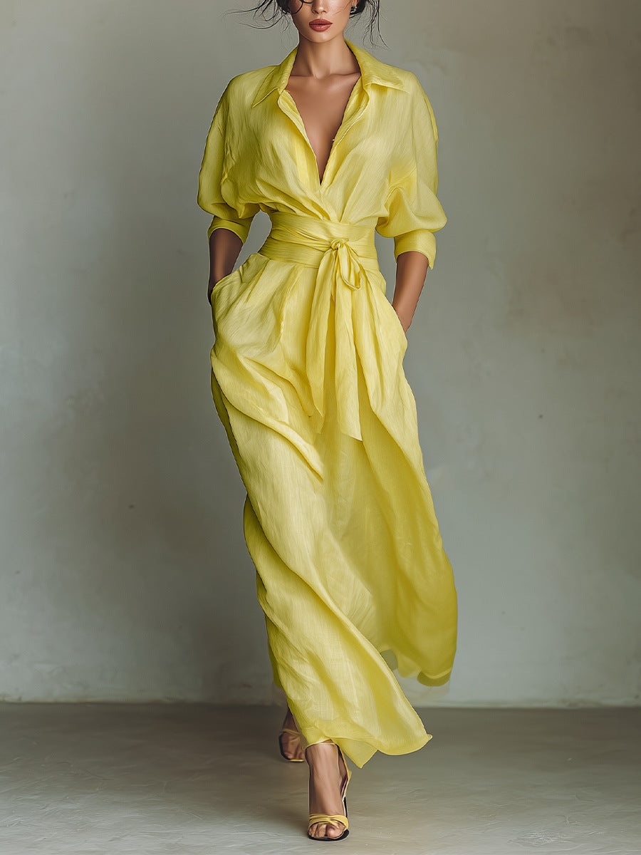 Enchanted 2026 Yellow V-Neck Tie-Waist Maxi Dress - Vacation Elegance