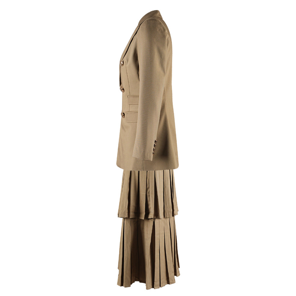 French Temperament High-end Professional suit Women's Spring New Double-breasted Suit Jacket Pleated Overskirt Two-piece Set