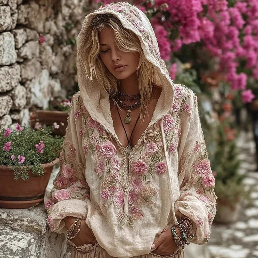 European and American Hooded Zipper Sweatshirt Trendy Japanese Ethnic Style Cherry Blossom Art Print National Trend Loose Autumn and Winter Floral
