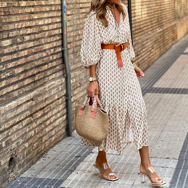 Fd1376 Spot 2025 Autumn and Winter New Cross-Border Fashion Belt Printed V Neck Simple Elegant Long Dress