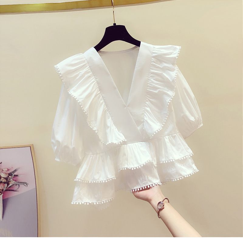 Disney-Inspired Enchanted Denim Ensemble: French Sweet Ruffled V-Neck Blouse & Split Lace Skirt